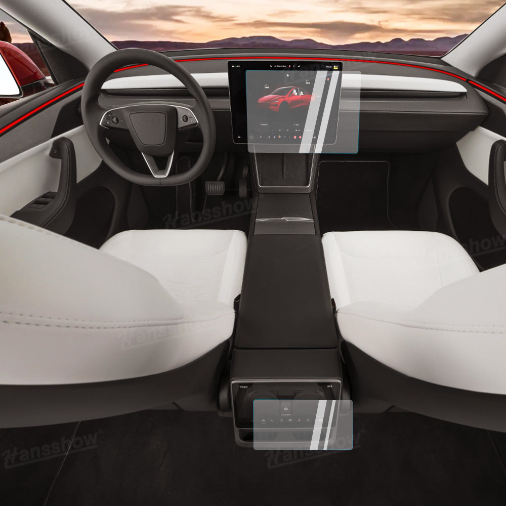 Model 3 Highland & Model Y Juniper Tempered Glass Screen Protector Set - installed view
