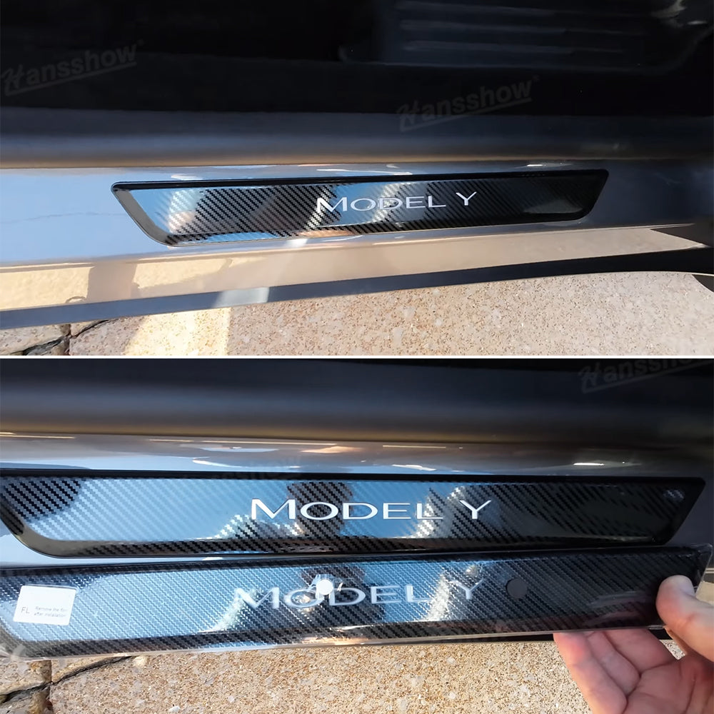 Model Y Juniper LED illuminated Welcome Pedal Door Sill Protector Hansshow - passenger side perspective