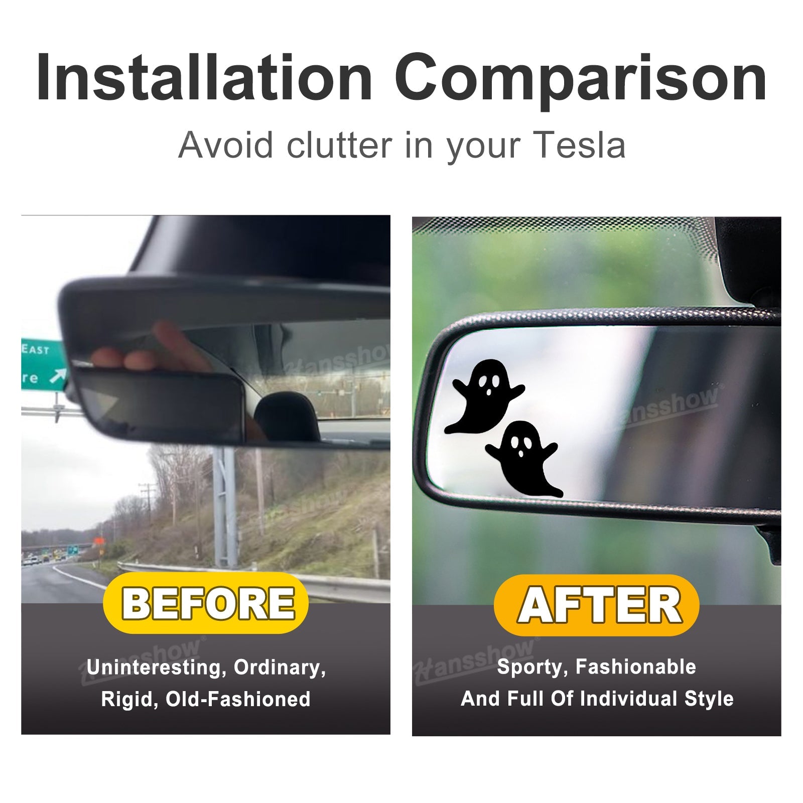 Close-up of Halloween Ghost Face Mirror Sticker for Tesla Model Y