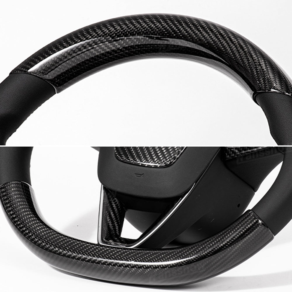 Model Y Juniper Real Carbon Fiber Steering Wheel Trim Kit installed view
