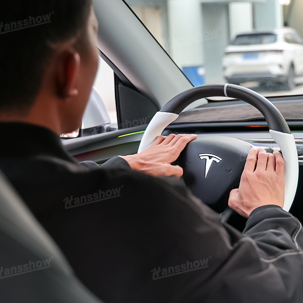 White Nappa Leather Steering Wheel for Tesla Model Y/3 - Texture Detail