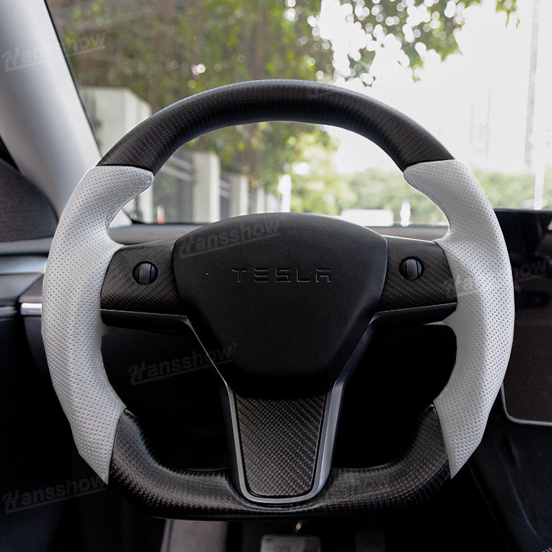 Model 3/Y Carbon Fiber Steering Wheel D-Shaped Round WIth Perforated Grip...