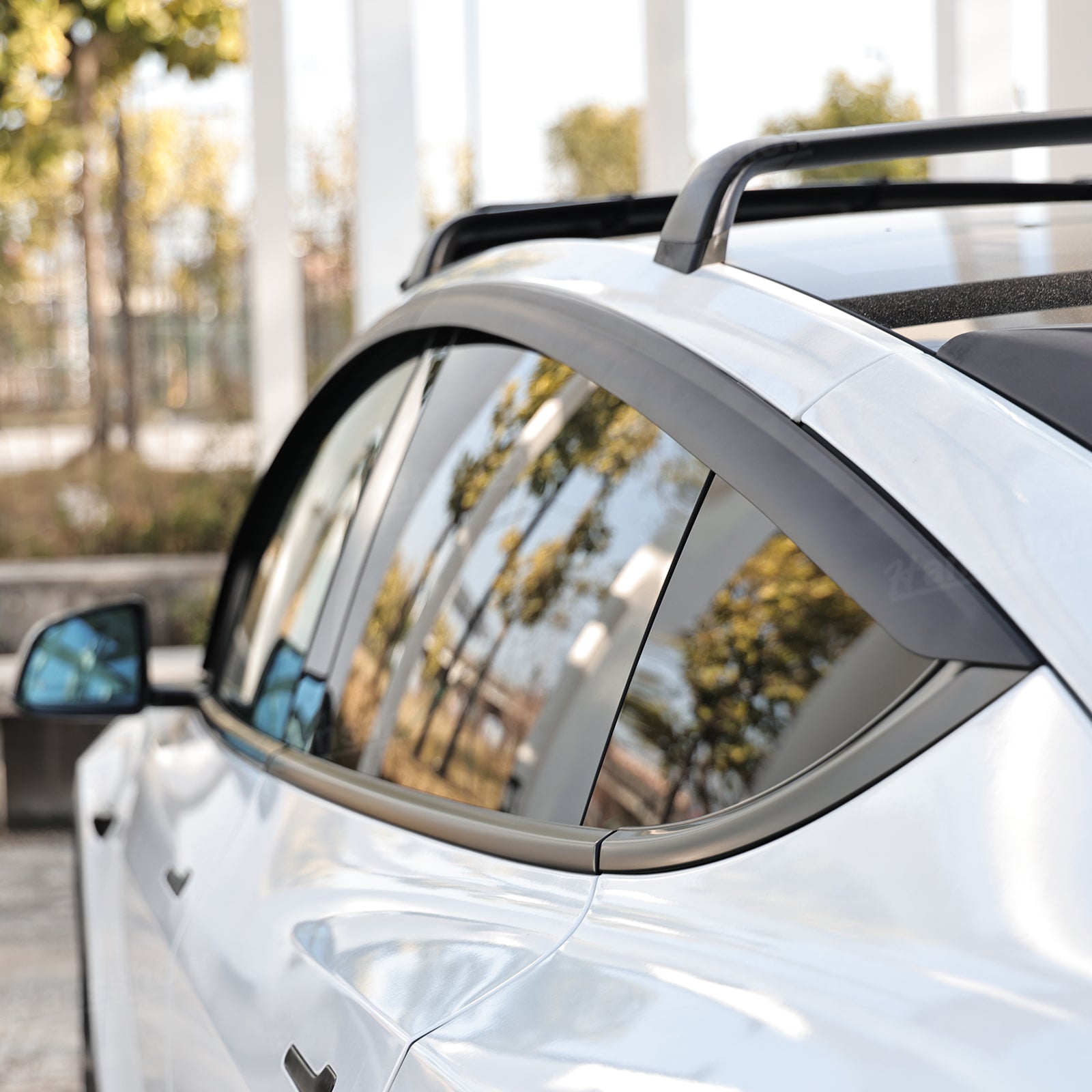Model Y Juniper Rain Guards against a scenic backdrop