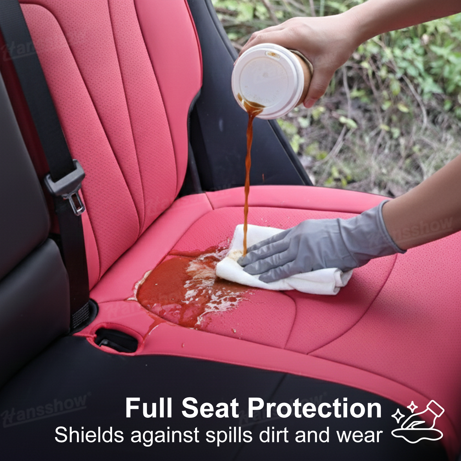 Model Y Juniper Upgrade Seat Covers with Bold 'T' Emblem - Close-up of Emblem