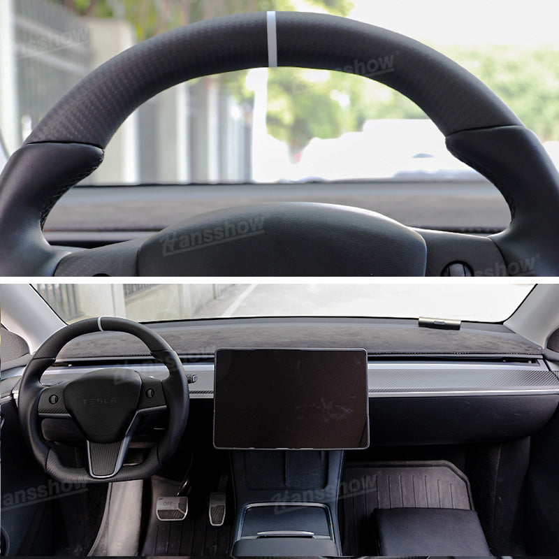 Tesla Model Y/3 Carbon Fiber Steering Wheel in sunlight