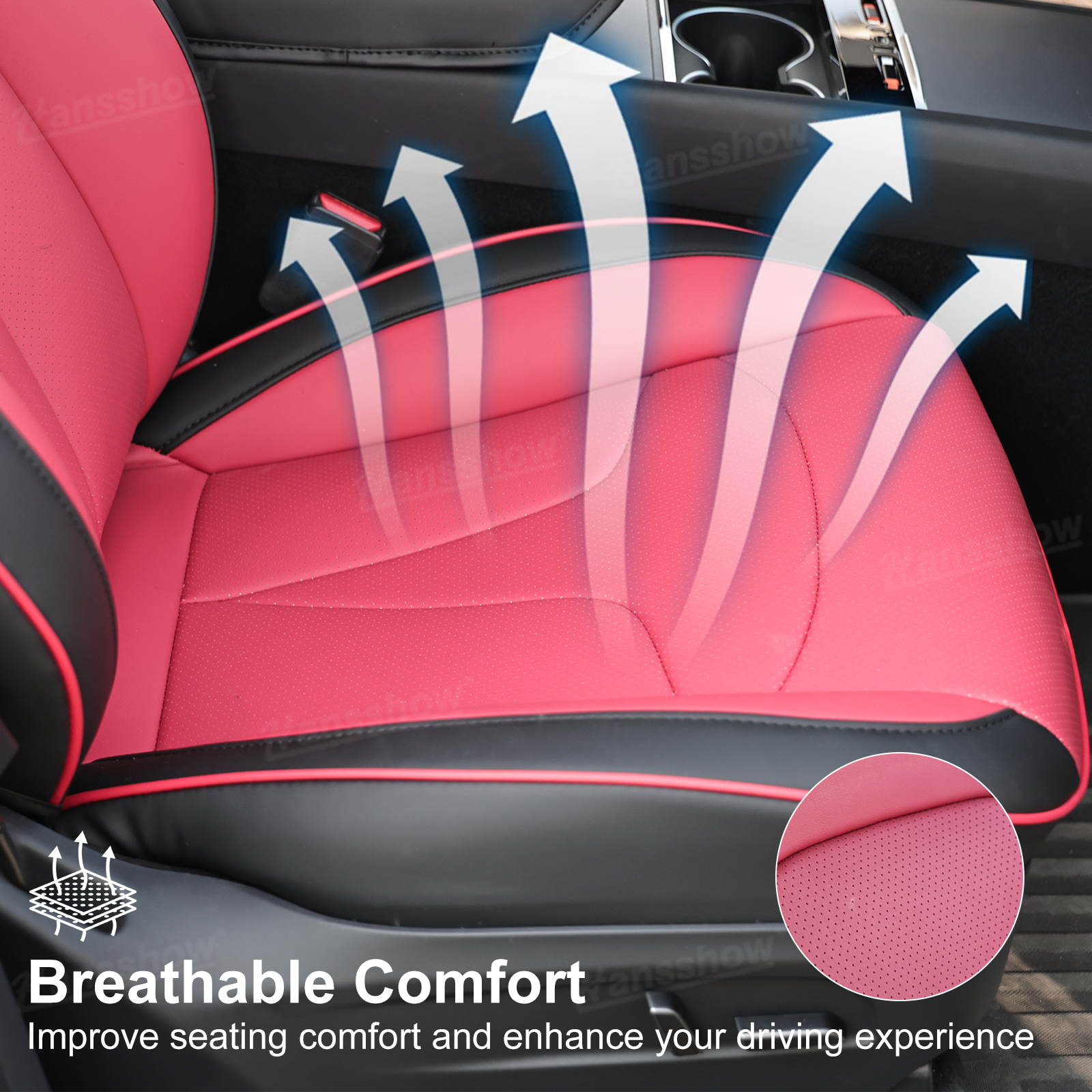 Model Y Juniper Upgrade Seat Covers with Bold 'T' Emblem - Dashboard in Background