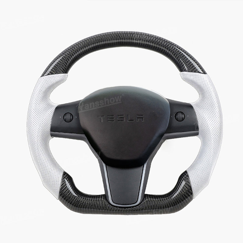 Model 3/Y Carbon Fiber Steering Wheel D-Shaped Round WIth Perforated Grip...