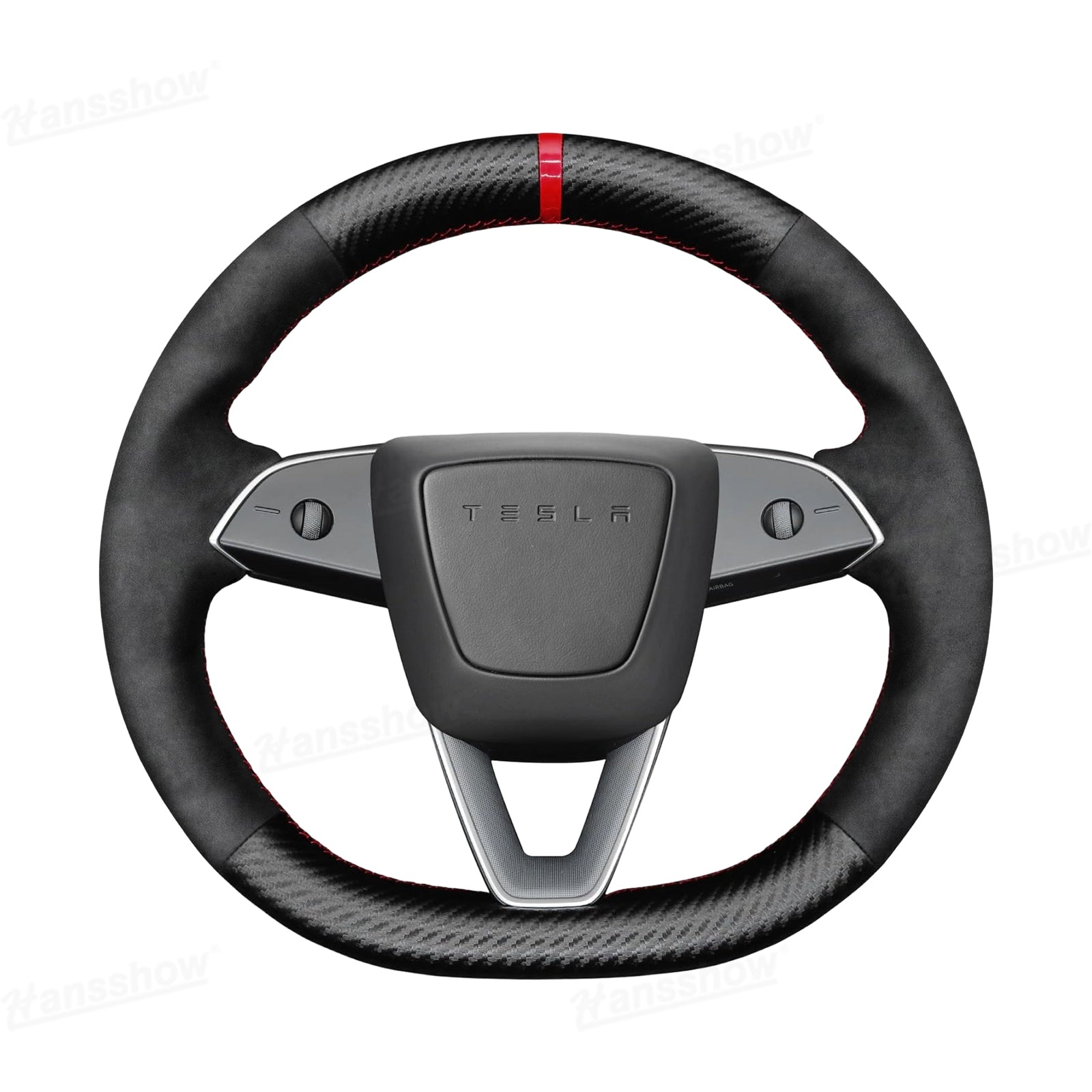 Model Y Juniper Steering Wheel Wrap showing carbon fiber leather