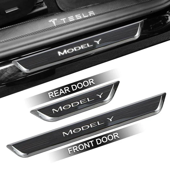 Model Y Juniper LED illuminated Welcome Pedal Door Sill Protector Hansshow - entryway view