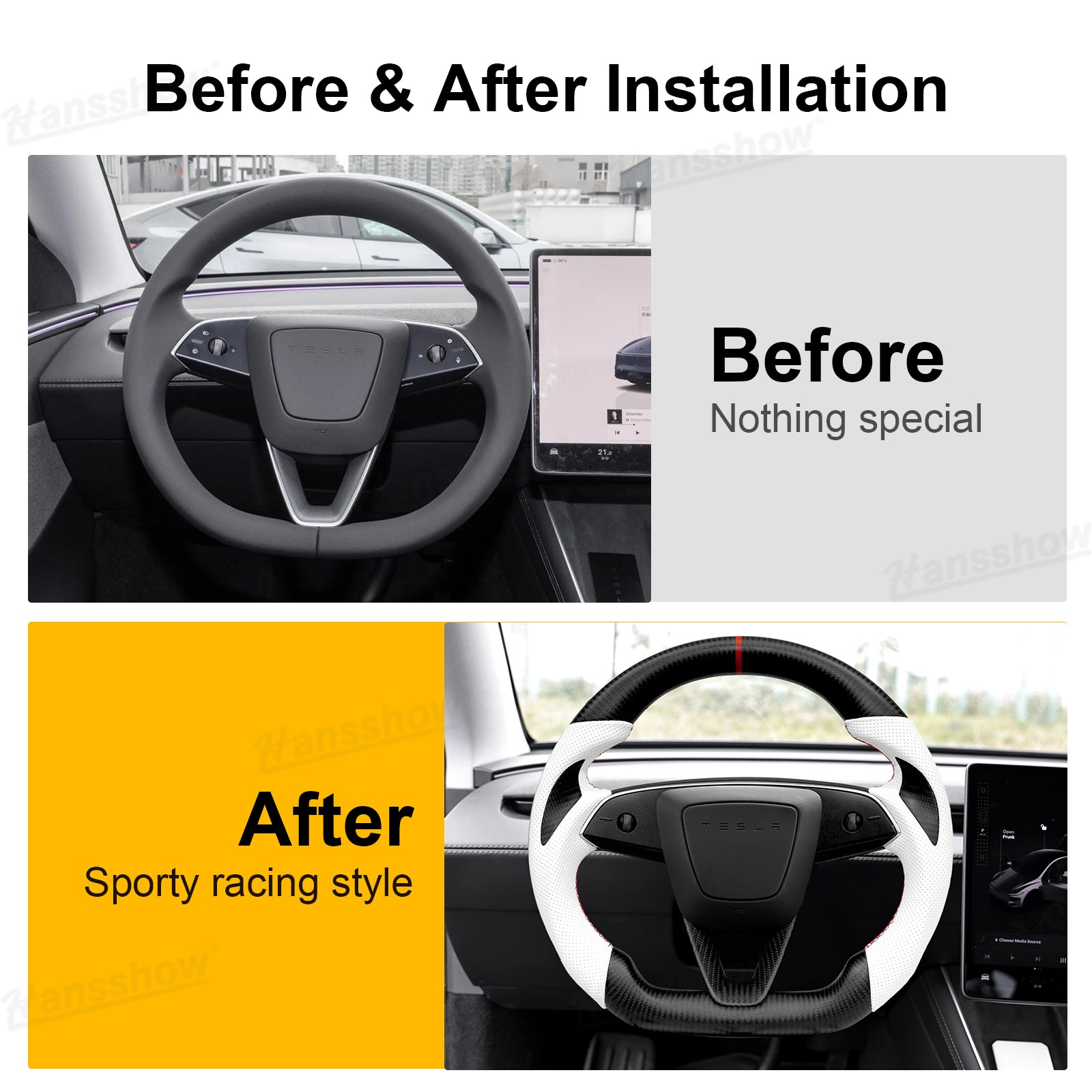 Model Y Juniper Steering Wheel Real Carbon Fiber Installed View