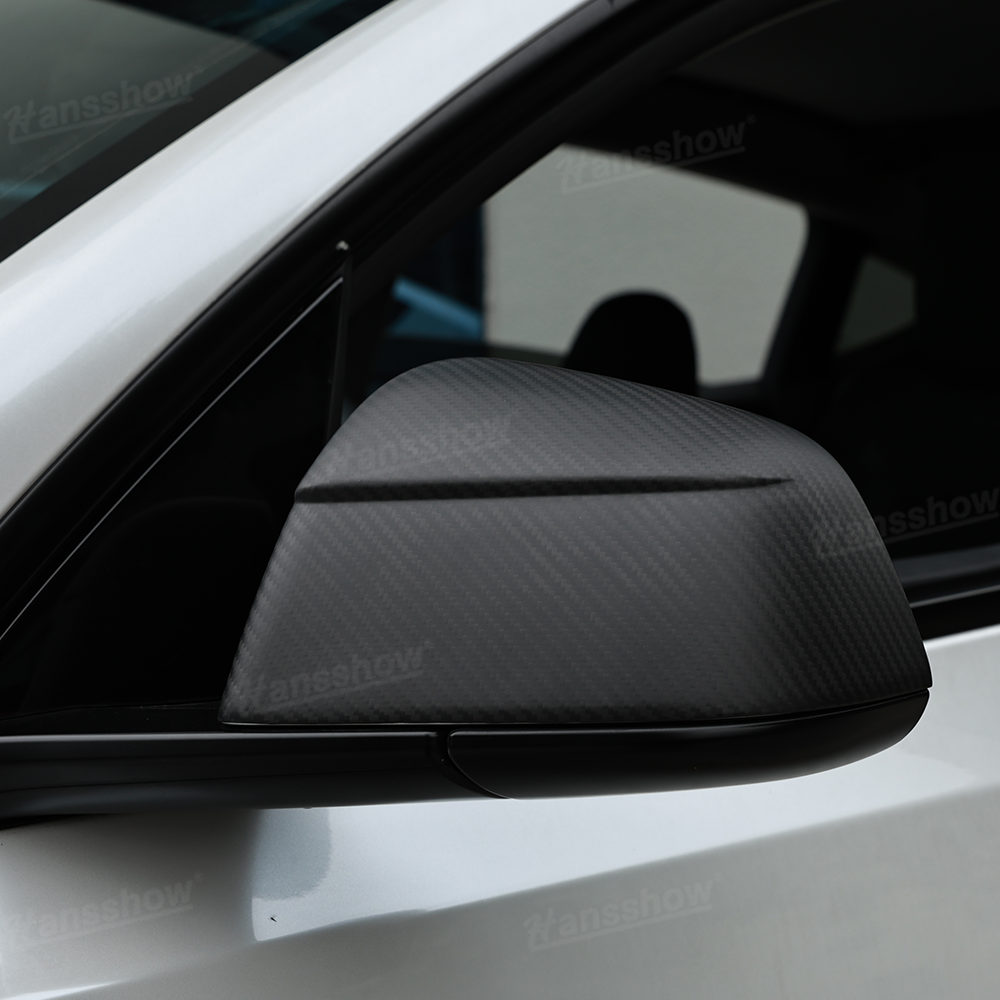Model Y Juniper Side Mirror Real Carbon Fiber Overlay Covers - close-up detail
