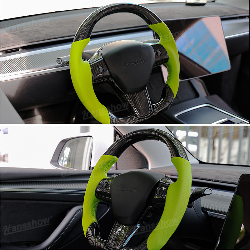 Model Y/3 Real Carbon Fiber D-Shaped Steering Wheel close-up