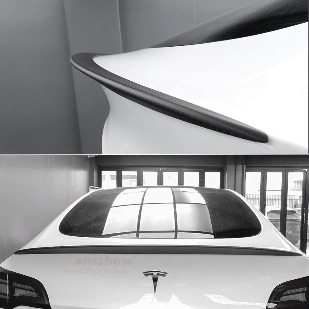 Close-up of Model 3/Y Real Carbon Fiber Rear Trunk Lip Spoiler for Tesla Model Y