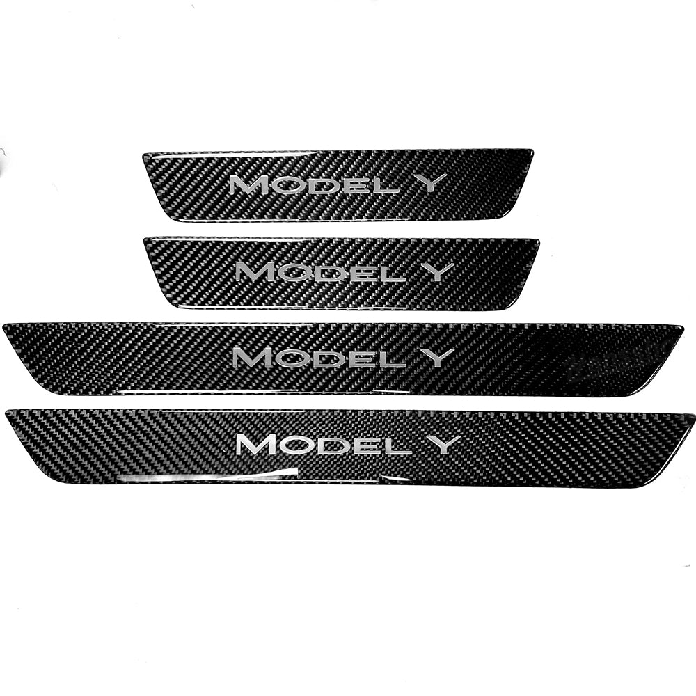 Model Y Juniper Door Sill Protector with silver lettering