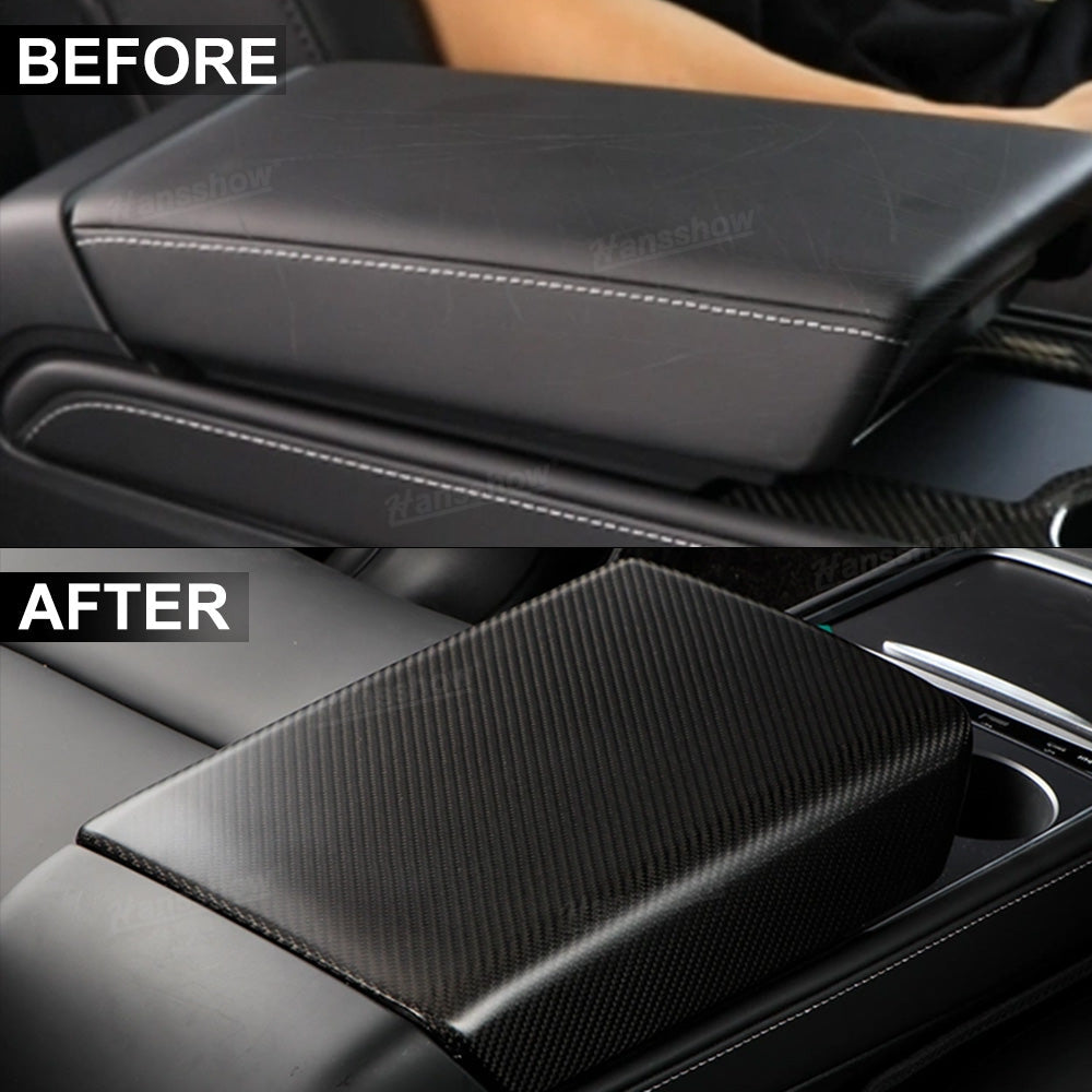 Model Y/3 Armrest Box Cover Real Carbon Fiber Side Angle