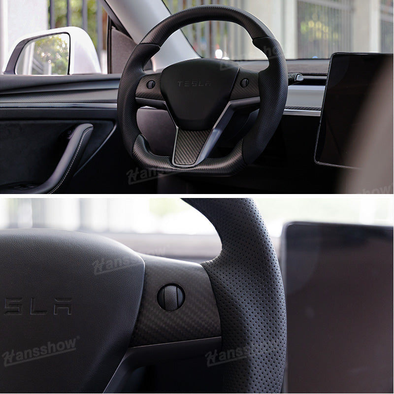 Model 3/Y Carbon Fiber Steering Wheel D-Shaped Round WIth Perforated Grip...