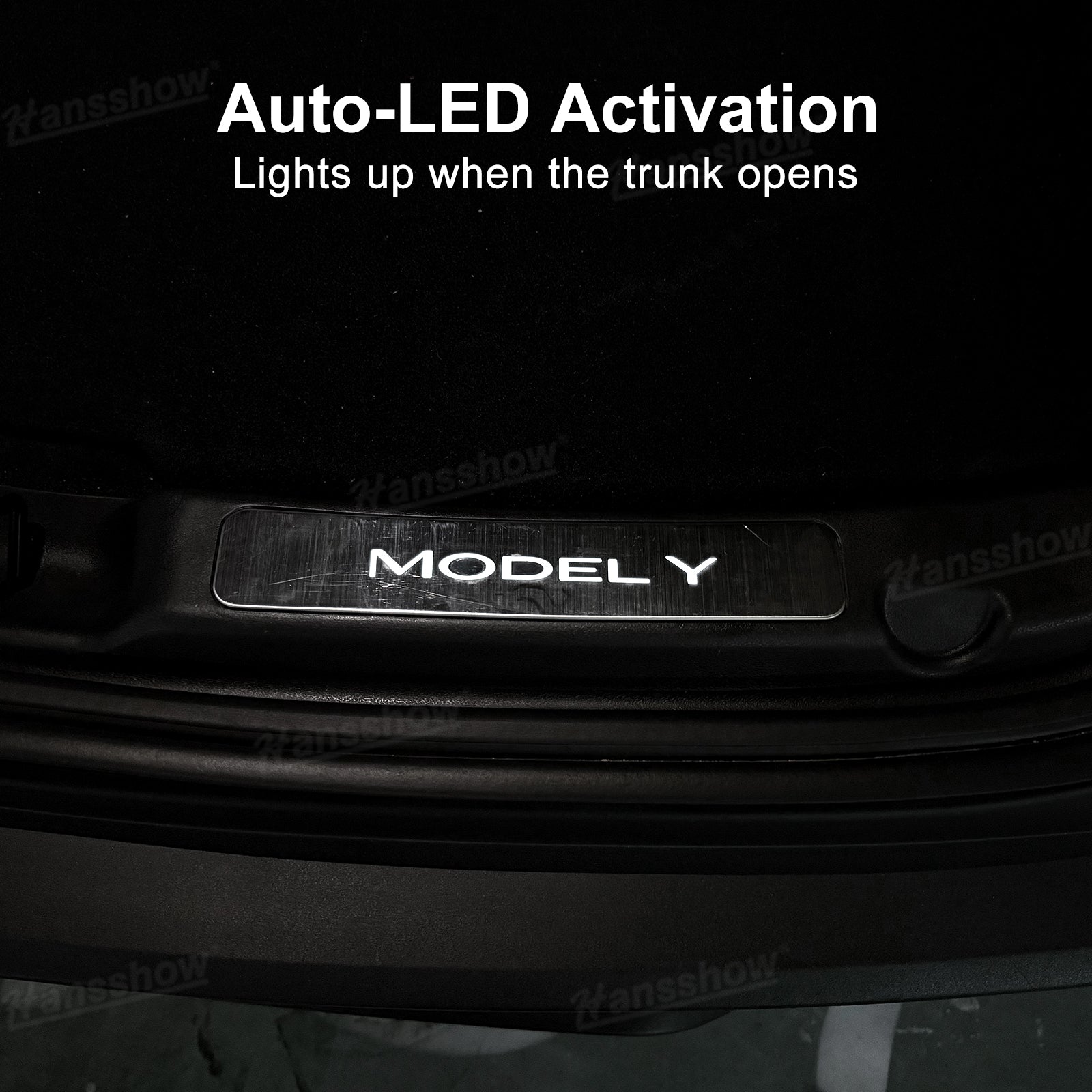 Model Y Juniper Door Sill close-up of LED lights
