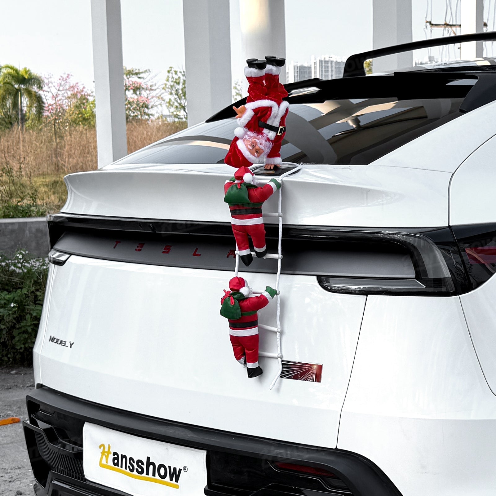 Climbing Santa Claus Decoration for Tesla Model Y with snow background