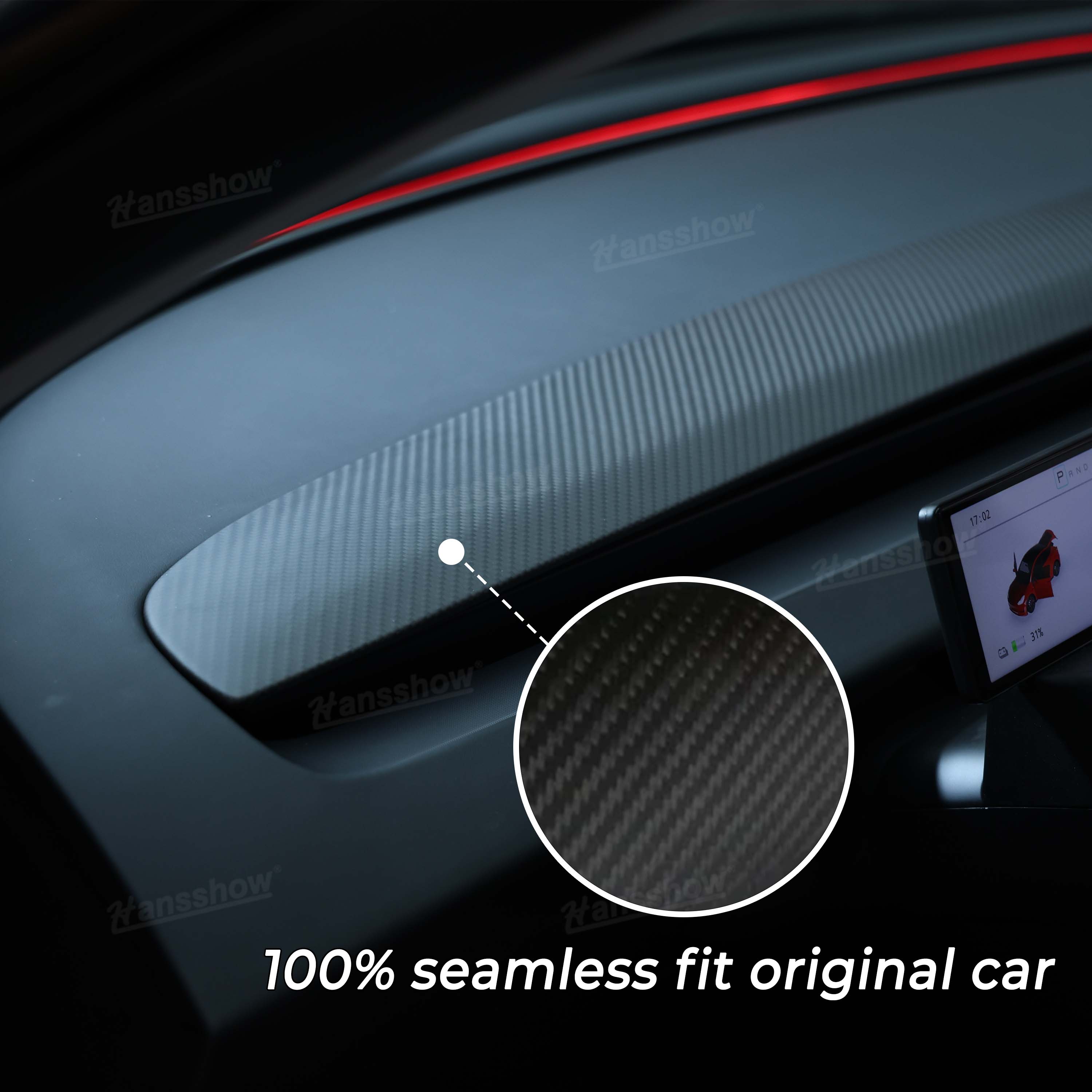 Close-up of Carbon Fiber Dashboard Trim for Tesla Model Y