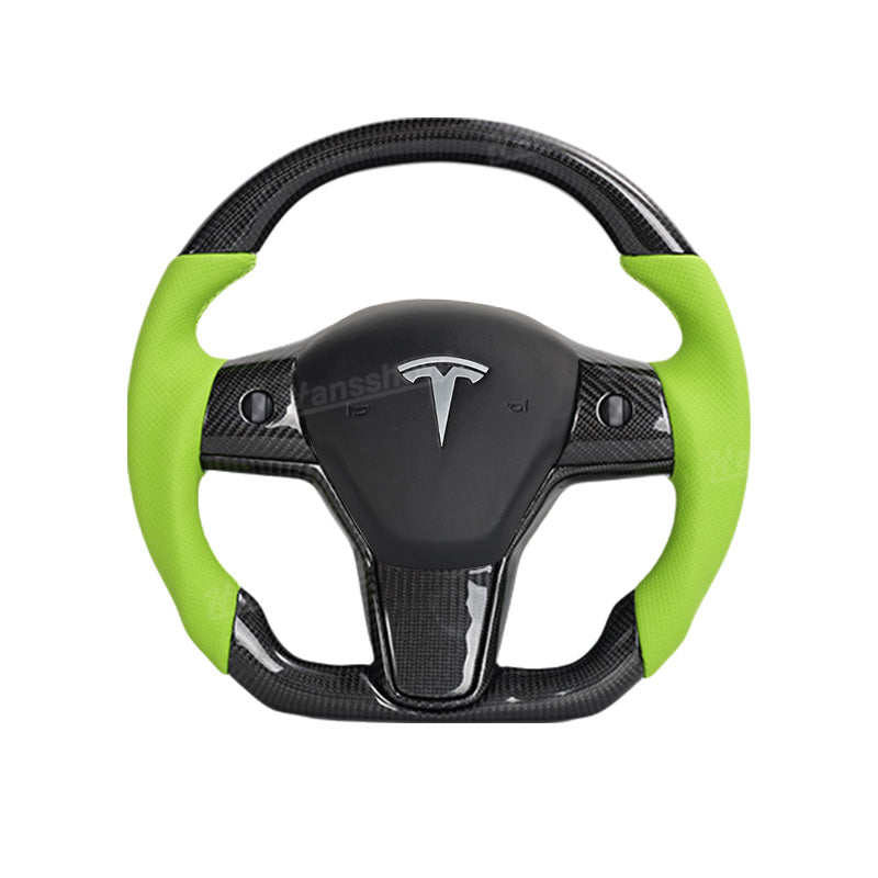 Model Y/3 Real Carbon Fiber D-Shaped Steering Wheel in green detail