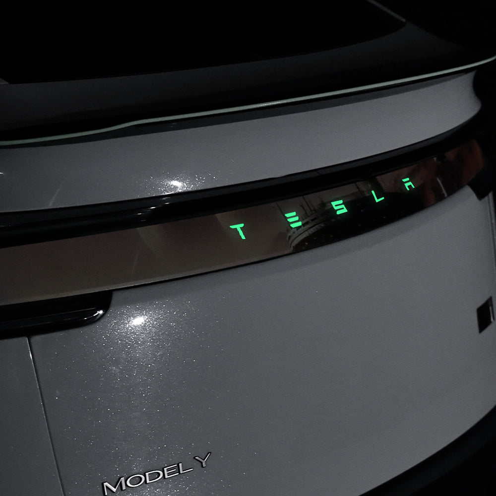 Model Y Juniper Fluorescent Vinyl Decal T-E-S-L-A Lettering Tailgate Overlay side angle