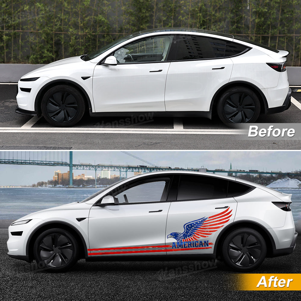 Model Y Juniper Body Decal Kit Vinyl Wrap with American Eagle graphic side angle