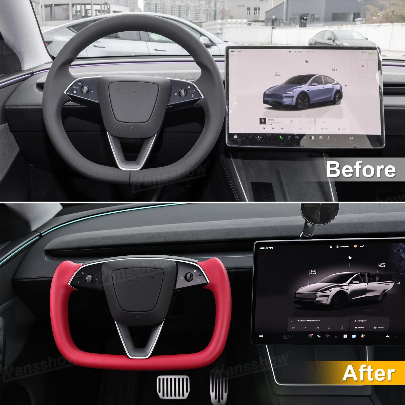 Detail view of carbon fiber side on Model Y Juniper Yoke Steering Wheel