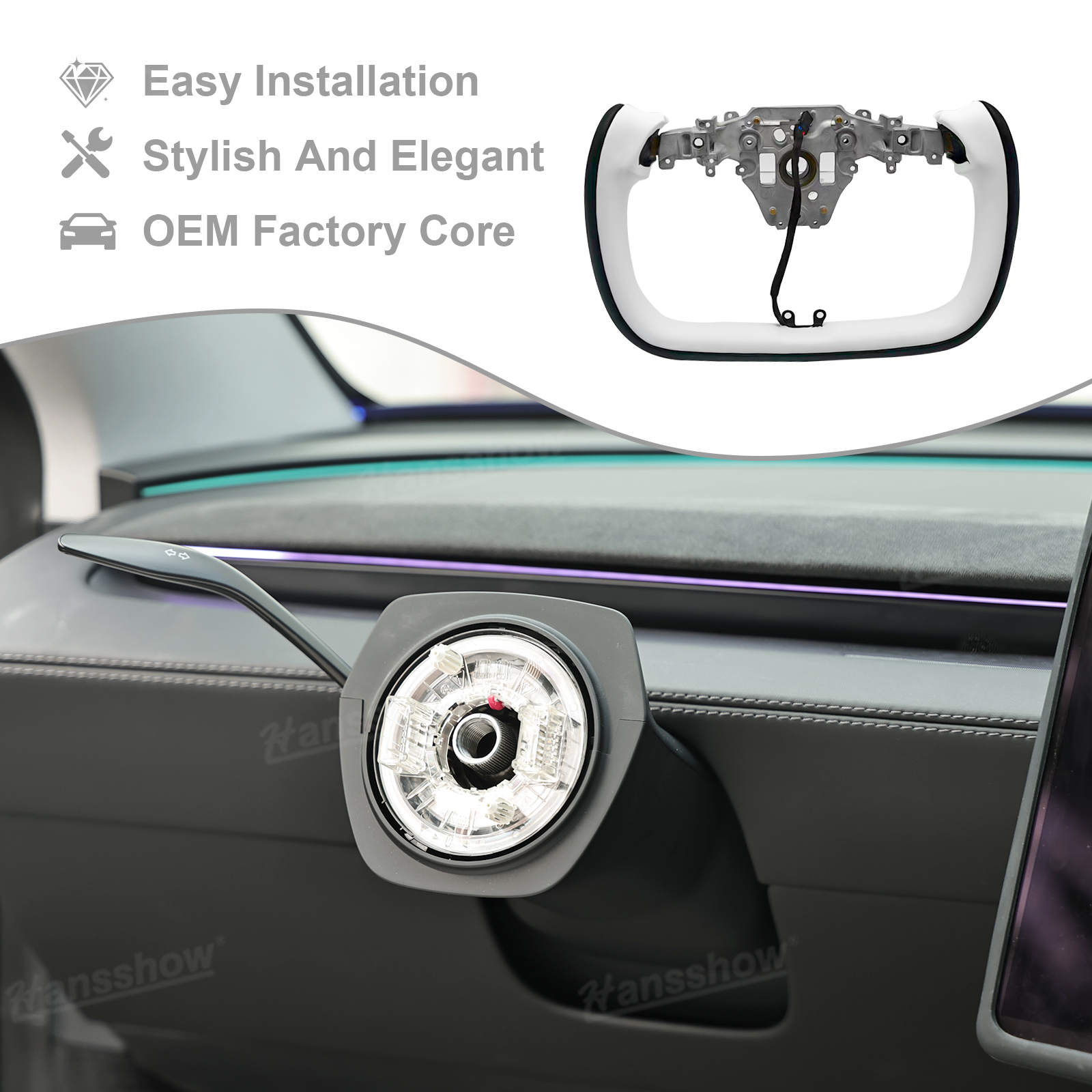Model 3 Highland/Y Juniper Two-Tone Yoke Steering Wheel grip detail