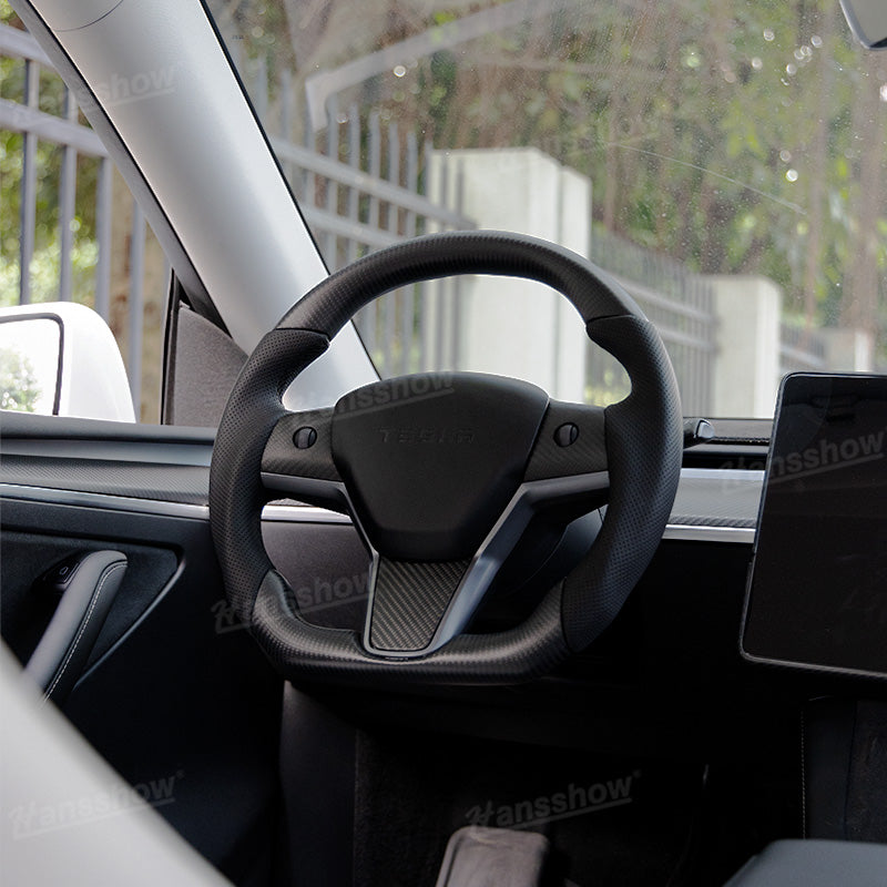 Model 3/Y Carbon Fiber Steering Wheel D-Shaped Round WIth Perforated Grip...