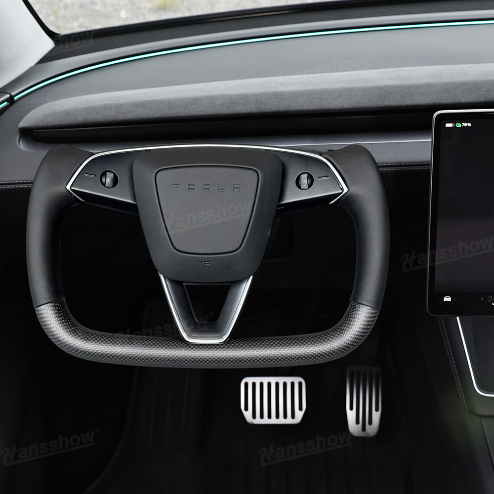 Model Y Juniper Yoke Steering Wheel detailed view of dual-side leather