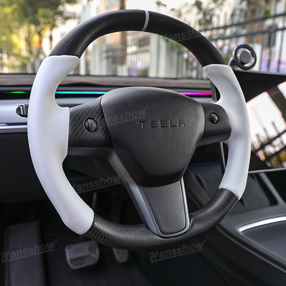Real Carbon Fiber Steering Wheel for Tesla Model Y/3 - Close-up of Stitching