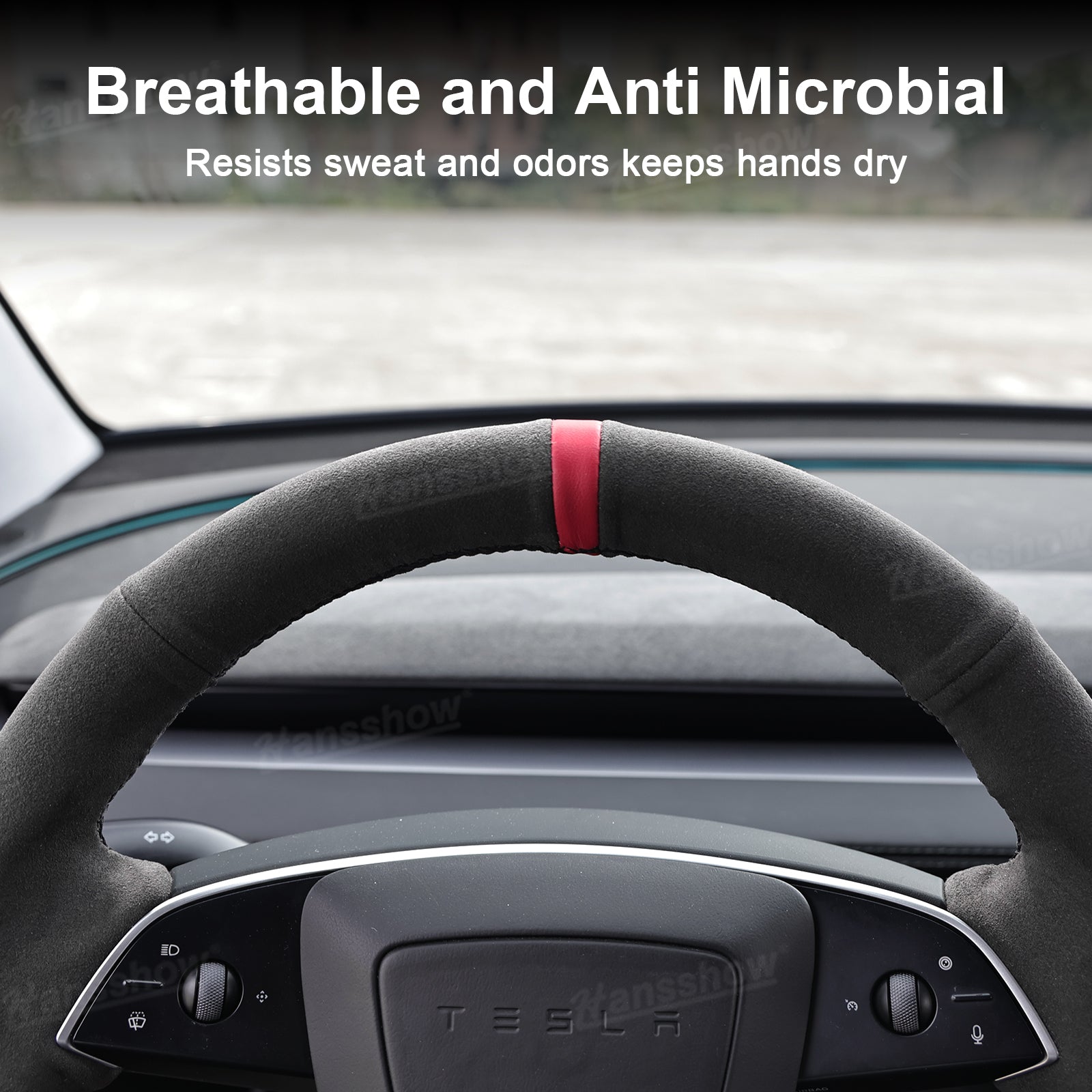 Model Y Juniper/3 Highland Premium Alcantara Steering Wheel Cover - in vehicle setting