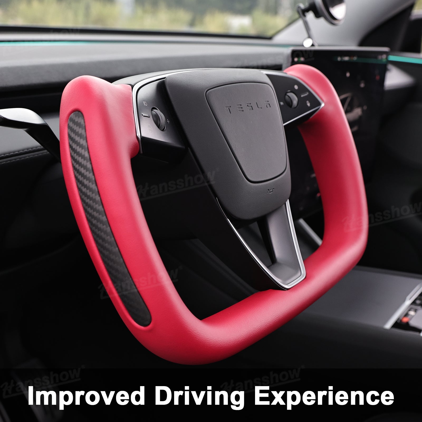 Close-up of Nappa leather on Model Y Juniper Yoke Steering Wheel