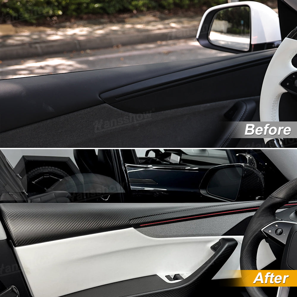 Close-up of Model Y Juniper Door Panel with carbon fiber texture