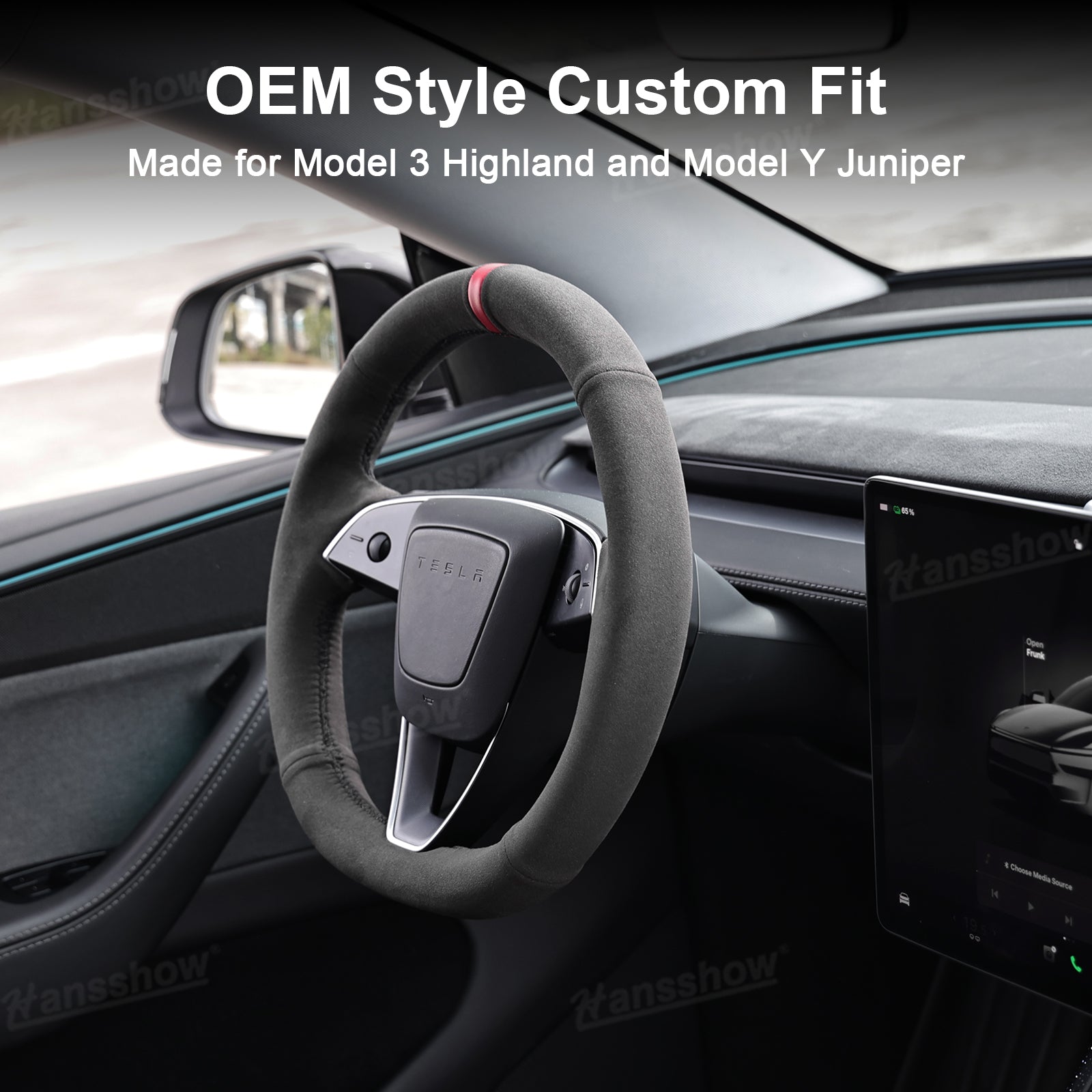Model Y Juniper/3 Highland Premium Alcantara Steering Wheel Cover - rear view