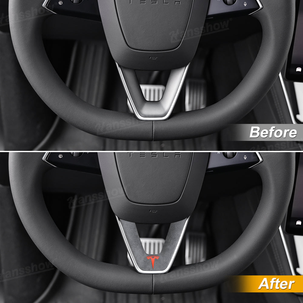 Model Y Juniper Alcantara Trim Cover installed on steering wheel
