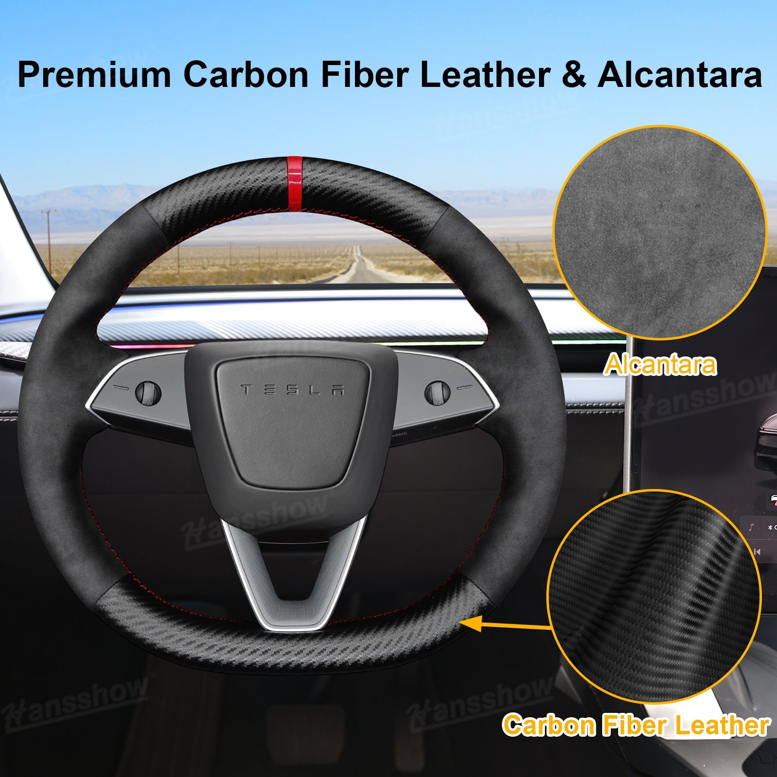 Model Y Juniper Steering Wheel Wrap side view with Alcantara