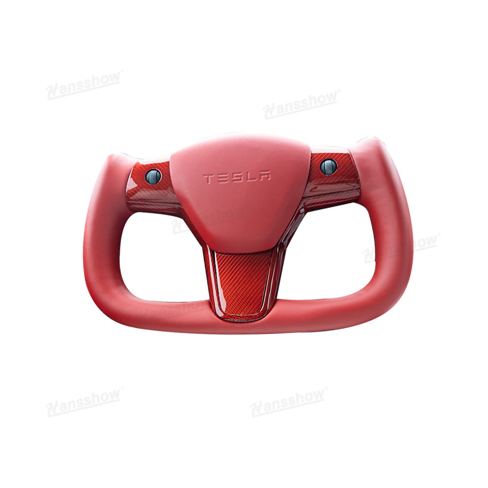 Model Y/3 Red Yoke Steering Wheel in real carbon fiber lifestyle shot