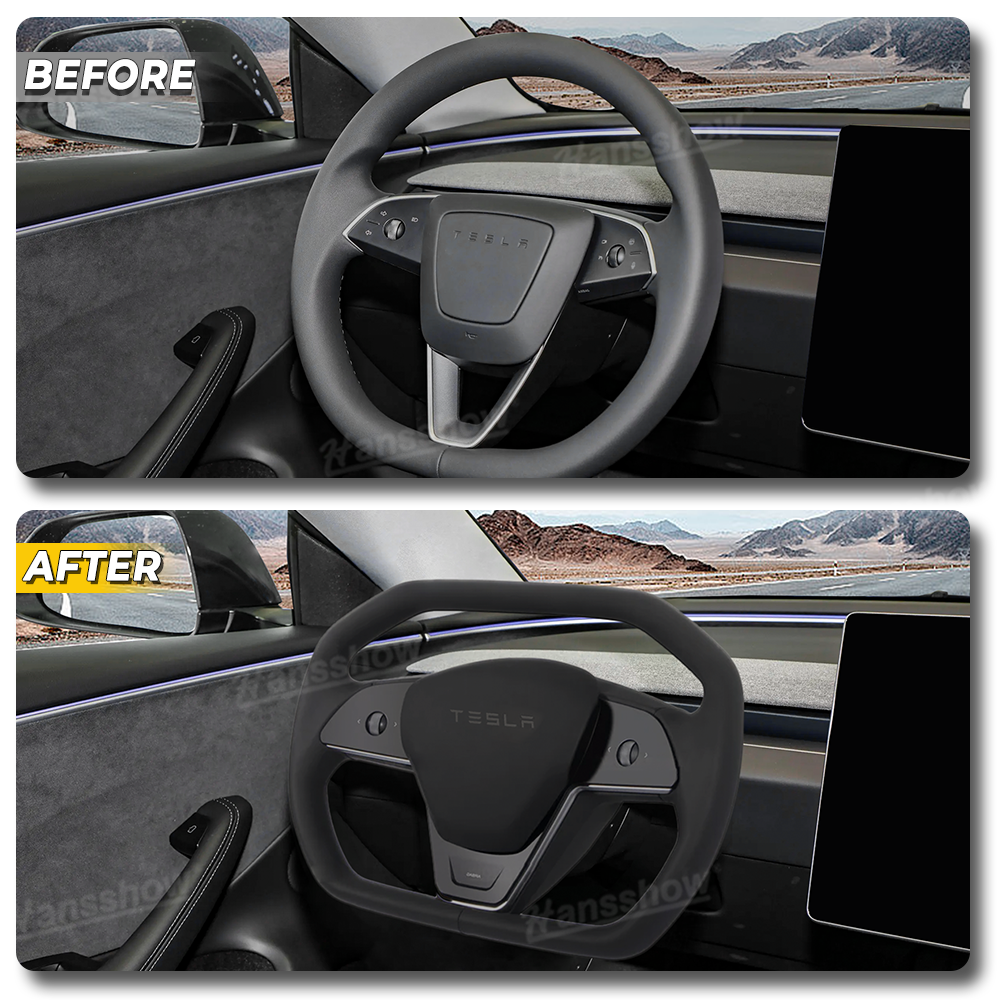 Side angle of Model Y Juniper Steering Wheel 3.0 Nappa Leather