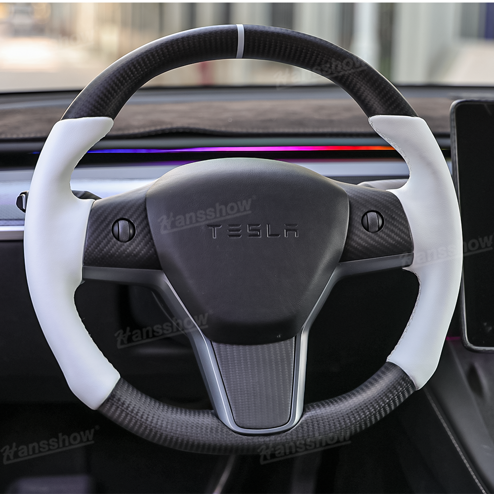 Real Carbon Fiber Round Steering Wheel for Tesla Model Y/3 - Front View