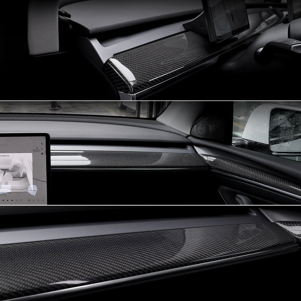 Real Carbon Fiber Dashboard Cover Front Door Trim Panel Caps for Model 3/Y - installed view