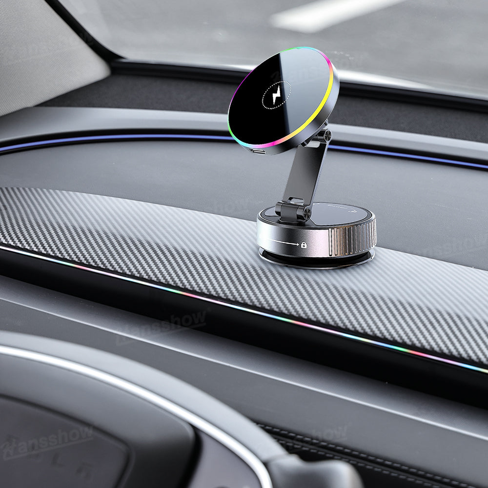 Wireless Charger Phone Holder with RGB Ambient Lighting for Tesla Model Y - close-up of charging pad