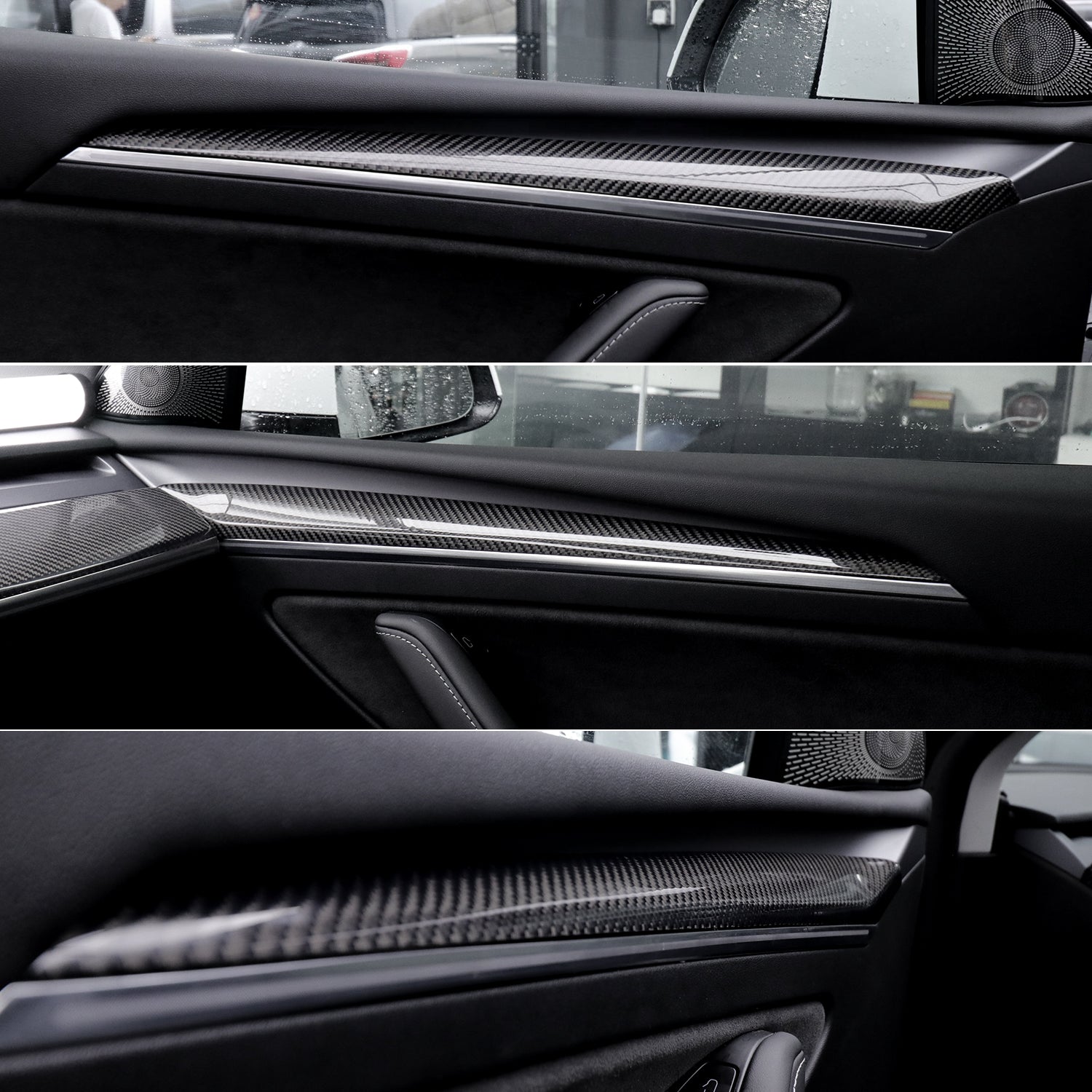 Model Y/3 Real Carbon Fiber Dashboard & Front Door Trim Panel Replacement Kit - door trim view