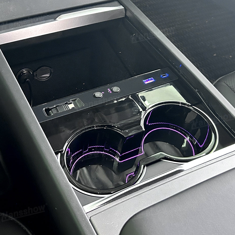 Model Y Juniper Center Console Cup Holder with Ambient Light - Interior View