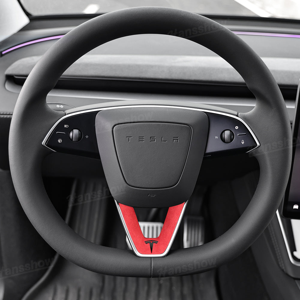 Model Y Juniper Alcantara Trim Cover with T Logo detail