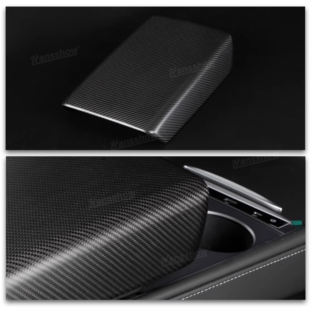 Model Y/3 Armrest Box Cover Real Carbon Fiber Close-Up