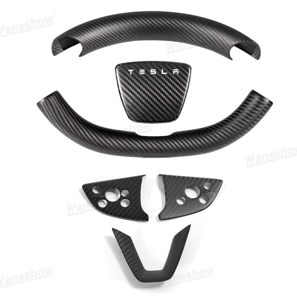 Model Y Juniper Real Carbon Fiber Steering Wheel Trim Kit close-up detail