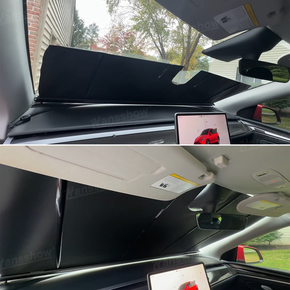 Electric Front Windshield Sunshade for Tesla Model Y Juniper - shade extended