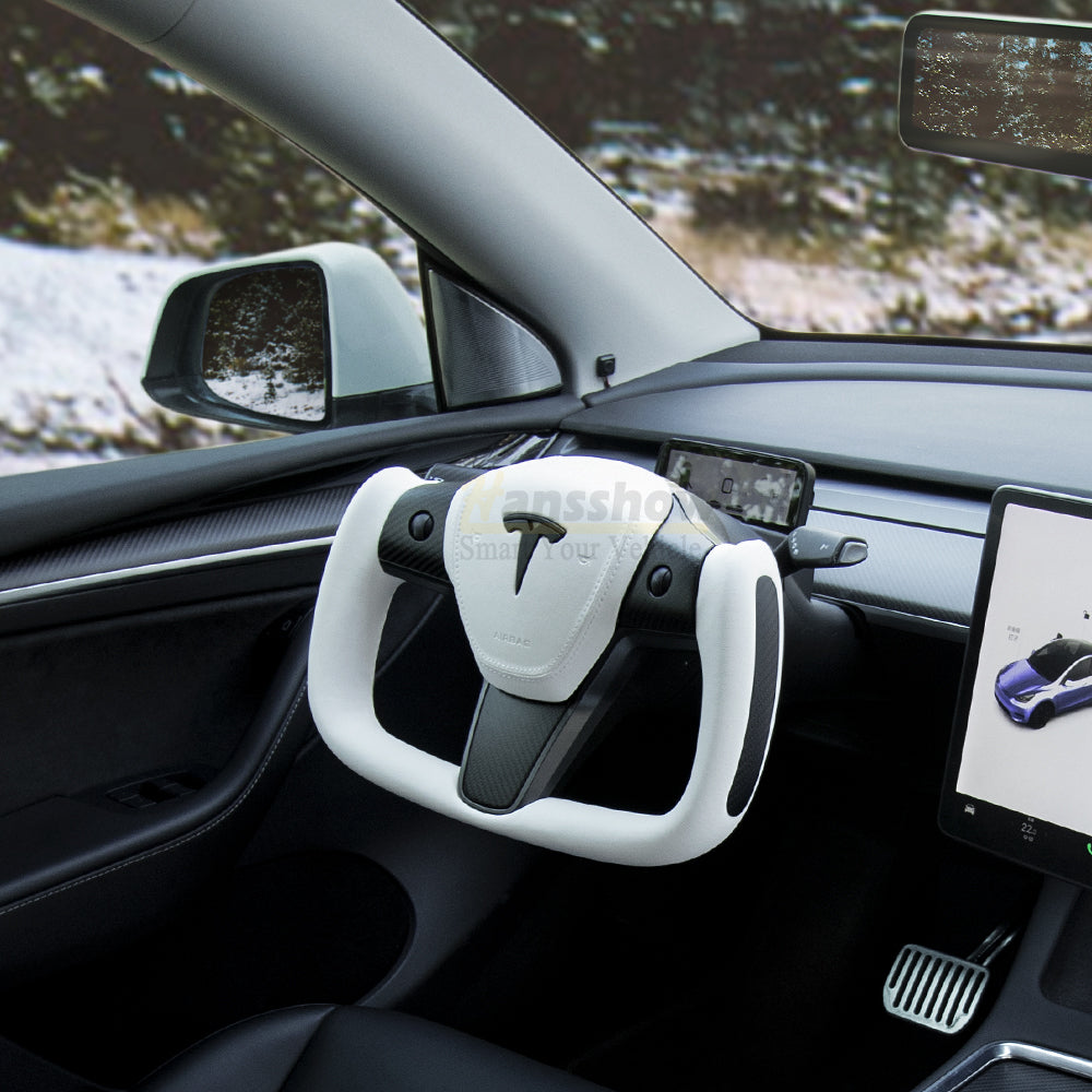 Model 3/Y Yoke Style Carbon Fiber Steering Wheel Ellipse Nappa Leather...