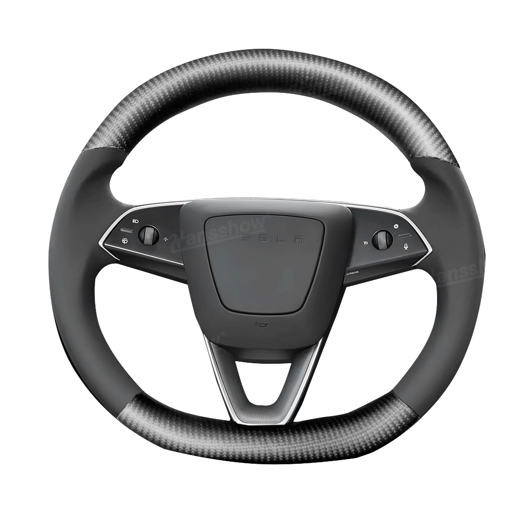 Model Y Juniper Steering Wheel Upper & Lower Carbon Fiber Left & Right Leather - Close-Up of Carbon Fiber